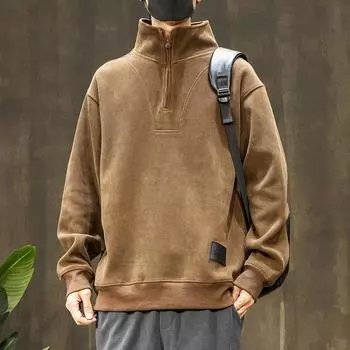 Мужская зимняя рубашка-поло с длинным рукавом и полумолнией, свободный толстый топ большого размера M серый