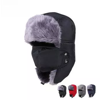 Мужская зимняя шапка северо-востока: Теплая, плотная, ветрозащитная велосипедная шапка с ушами, женская шапка Lei Feng, плюс бархатная подкладка для осени/зимы. One size fits head circumference 56-58cm чёрный