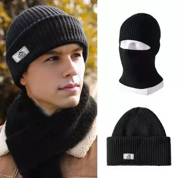 Мужская зимняя шапка, трикотажная, толстая, эластичная, однотонная, защита ушей, несколько видов синий