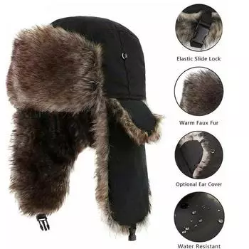 Мужская зимняя шапка-ушанка Trapper Aviator Trooper, теплая русская водонепроницаемая лыжная шапка чёрный