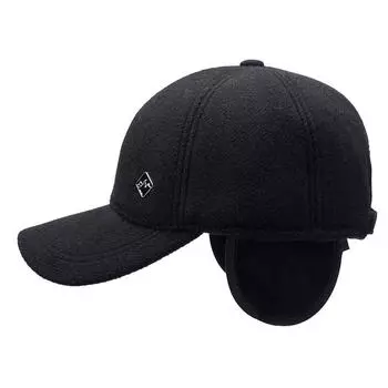 Мужская зимняя шерстяная бейсболка с защитой ушей, однотонная, с короткими полями, флисовая, хлопковая, средняя и старая, ветрозащитная и теплая Adjustable чёрный