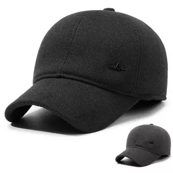 Мужская зимняя шерстяная шапка для улицы среднего возраста, защитная толстая теплая бейсболка, зимняя утепленная хлопковая кепка чёрный