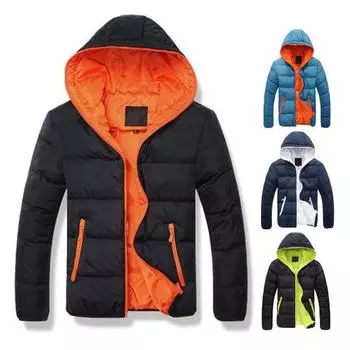 Мужская зимняя стеганая куртка контрастного цвета с капюшоном, шнурком и длинными рукавами, карманами на молнии, тонкое утолщенное теплое пальто L темно-синий