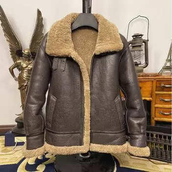 Мужская зимняя теплая толстая меховая куртка-бомбер. Натуральная овчина B3 с шерстяным пальто, качество натуральной овчины XXL красно-коричневый