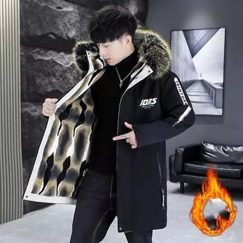 Мужская зимняя теплая парка с принтом букв, утепленная, длинная, ветрозащитная, стеганая куртка с меховым воротником и капюшоном XS