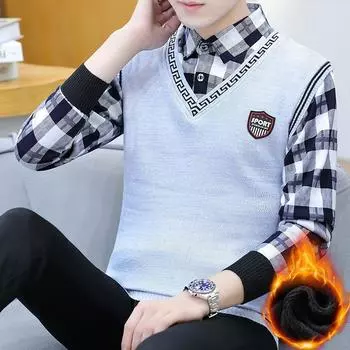 Мужская зимняя теплая рубашка с длинным рукавом и V-образным вырезом, жилет, винтажная клетчатая рубашка XXXL