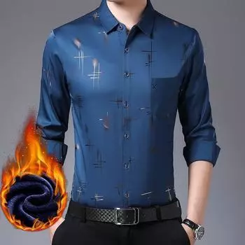 Мужская зимняя теплая рубашка с принтом, мужская повседневная рубашка для мужчин среднего возраста из утолщенного бархата, зимний стиль M