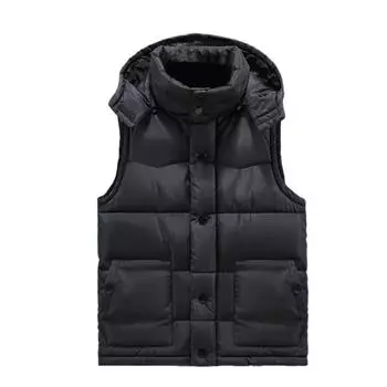Мужская зимняя трендовая одежда, свободный толстый пуховик из хлопка с застежкой-молнией, однотонный повседневный жилет с капюшоном L чёрный