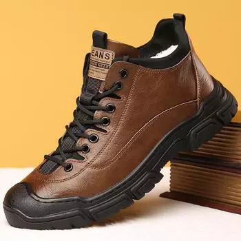 Мужская зимняя уличная походная спортивная обувь на меховой подкладке. Теплые зимние ботинки на флисовой подкладке. Повседневные кожаные высокие кроссовки. Короткие ботинки без шнуровки для мужчин.