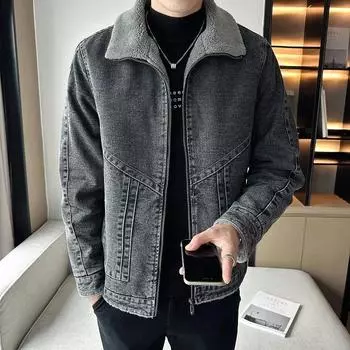 Мужская зимняя утепленная джинсовая куртка с лацканами в стиле ретро, спортивная хлопковая куртка