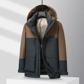 Мужская зимняя утепленная куртка на гусином пуху с капюшоном в тон для молодежи и людей среднего возраста M