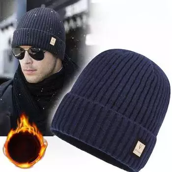 Мужская зимняя утепленная шерстяная вязаная шапка с флисовой подкладкой, модная универсальная однотонная шапка в корейском стиле чёрный