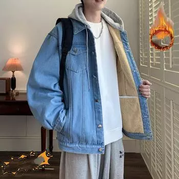 Мужская зимняя утолщенная теплая джинсовая куртка с капюшоном на пуговицах 5XL