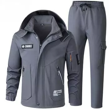 Мужская зимняя ветрозащитная одежда для альпинизма на открытом воздухе, плюс бархатная куртка «три в одном», утепленный комбинезон, защищающий от холода и теплая одежда XXXXL чёрный