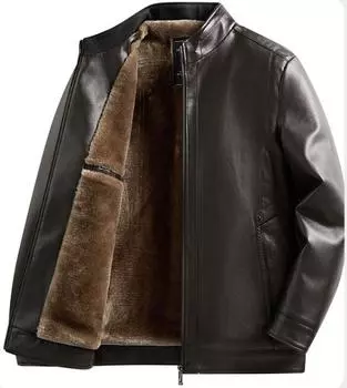 Мужская зимняя ветрозащитная теплая куртка из искусственной кожи с воротником-стойкой на флисовой подкладке, повседневная мотоциклетная куртка-бомбер с подкладкой из искусственного меха, большие размеры для мужчин 175 чёрный