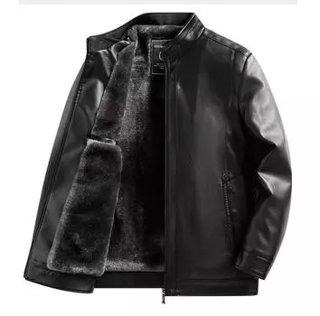 Мужская зимняя ветрозащитная теплая куртка из искусственной кожи с воротником-стойкой на флисовой подкладке, повседневная мотоциклетная куртка-бомбер с подкладкой из искусственного меха, большие размеры для мужчин 185
