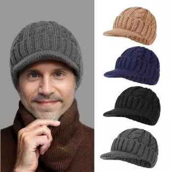Мужская зимняя вязаная шапка среднего возраста с короткими полями, эластичная, с утолщенной витой текстурой, однотонная, для защиты ушей, теплая, для повседневной носки, для улицы, головной убор темно-синий
