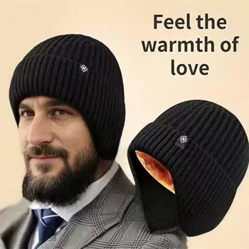Мужская зимняя вязаная шерстяная шапка для людей среднего и пожилого возраста, теплая и защитная, с ушами чёрный