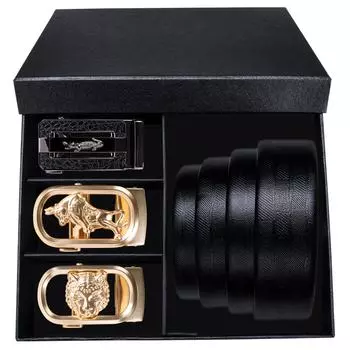 Мужские 3 металлических автоматических пряжки, черные ремни из натуральной кожи с ремнями в упаковке, мужские подарки 110cm/43in чёрный