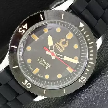 МУЖСКИЕ 40 ММ ВОССТАНОВЛЕННЫЕ ШВЕЙЦАРСКИЕ ЧАСЫ TITUS С ПОВОРОТНЫМ БЕЗЕЛЕМ И ЧЕРНЫМ ЦИФЕРБЛАТОМ a430719-2 R104-a430719