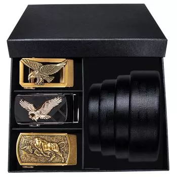 Мужские 4 шт., металлические автоматические пряжки, черные ремни из натуральной кожи с ремнями в упаковке, мужские подарки 110cm/43in чёрный