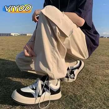 Мужские 6XL 7XL 8XL негабаритные быстросохнущие зеленые темно-синие спортивные брюки Брюки-карго Брюки-шаровары Широкие брюки Спортивные штаны для мужчин Корейская летняя одежда 2XL бежевый