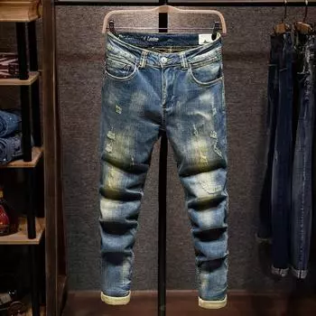 Мужские эластичные белые потертые джинсы в стиле ретро, мужские весенне-осенние обычные молодежные облегающие маленькие прямые длинные брюки 38