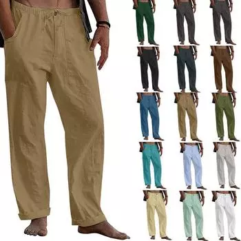 Мужские эластичные брюки на шнурке для йоги, дышащие удобные свободные хлопковые льняные брюки, летний пляж 2XL чёрный