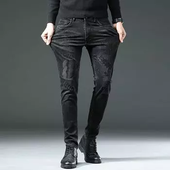 Мужские эластичные джинсовые брюки с вышивкой, трендовые тонкие повседневные длинные брюки с маленькими ногами, корейская версия, большие размеры 34 чёрный