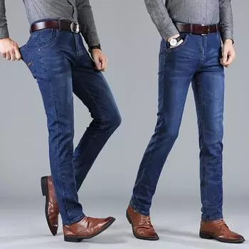 Мужские эластичные джинсы мужские прямые свободные осенние и зимние модели большого размера в деловой талии повседневные длинные брюки 28 чёрный