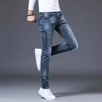 Мужские эластичные джинсы с лаковыми точками и потертостями, корейская версия, повседневные леггинсы для похудения и отбеливания 36