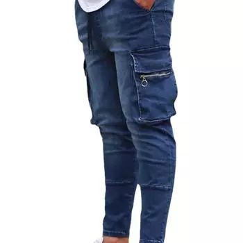 Мужские эластичные джинсы с множеством карманов, украшения на молнии, рабочая одежда, джинсы, новинка S