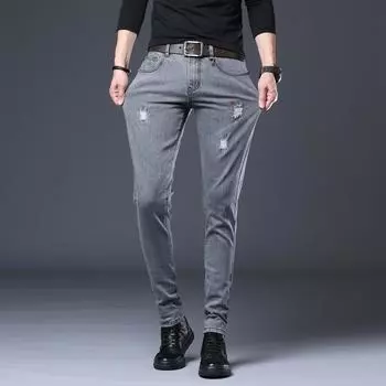 Мужские эластичные джинсы с потертыми нашивками, весенние новые обычные облегающие повседневные мужские брюки для похудения 28 чёрный