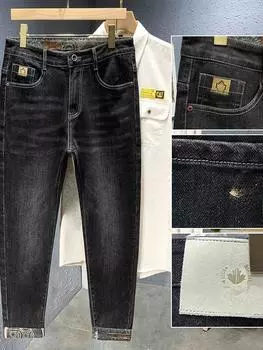 Мужские эластичные джинсы с принтом и завышенной талией — плотные повседневные прямые брюки на осень/зиму, модные и удобные 28 (21 inches) 100 jin