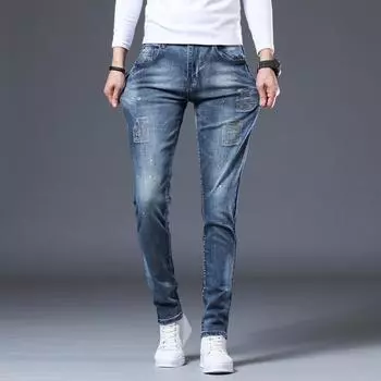 Мужские эластичные джинсы с заплатками в виде лаковых точек и потертостей, корейская версия, повседневные леггинсы для похудения и отбеливания 28