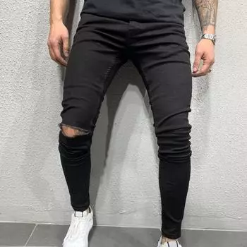 Мужские эластичные джинсы скинни Мужские рваные джинсы S чёрный