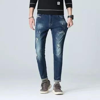 Мужские эластичные повседневные джинсы с потертостями, мужские узкие брюки со складками в стиле ретро, маленькие прямые мужские брюки 38