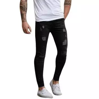 Мужские эластичные рваные байкерские джинсы скинни с узкими джинсовыми брюками с лентой M чёрный