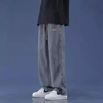 Мужские эластичные свободные прямые джинсы, широкие джинсовые брюки, повседневные брюки, корейский стиль, спортивная одежда, джинсы, брюки XXXL чёрный
