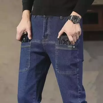 Мужские эластичные узкие джинсы с шестью карманами — универсальные брюки прямого кроя для весны и лета 33 светло-синий