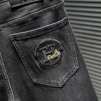 Мужские эластичные вышитые джинсы высокого класса, мужские корейские облегающие повседневные брюки с короткими штанинами 28