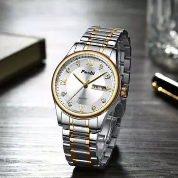 Мужские электронные кварцевые часы POSHI, водонепроницаемые светящиеся мужские часы с двойным календарем и большим циферблатом из нержавеющей стали