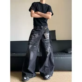 Мужские американские ретро-стираемые джинсы с широкими штанинами и узором «молния» L чёрный