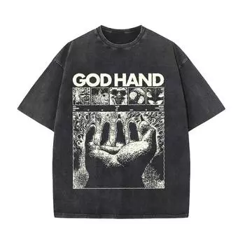 Мужские аниме футболки с винтажным эффектом стирки, ретро панк, готика, с принтом Рука Бога , хлопок, Харадзюку, женский топ с коротким рукавом S