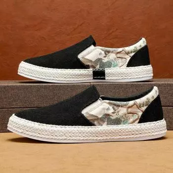 Мужские эспадрильи, тканые вельветовые повседневные лоферы, рыбацкая обувь без шнуровки, прогулочная обувь для лодок 39 чёрный