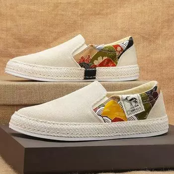 Мужские эспадрильи, тканые вельветовые рыбацкие туфли без шнуровки, повседневные лоферы, прогулочные туфли-лодочки 39 чёрный