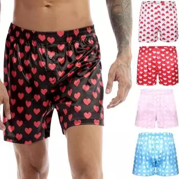 Мужские атласные боксеры, шелковая одежда для сна, нижнее белье, шорты с сердечным принтом, пляжные шорты для отдыха M чёрный