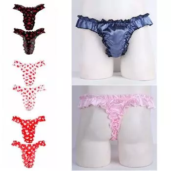 Мужские атласные трусы-стринги с рюшами и Т-образной спинкой для трансвеститов, трусики, нижнее белье M