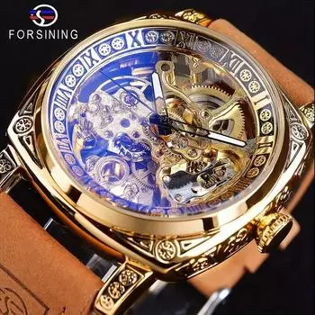 Мужские автоматические механические часы Forsining с гравировкой, корпус в стиле ретро, водонепроницаемые полые светящиеся указатели, повседневные автоматические механические наручные часы золотой