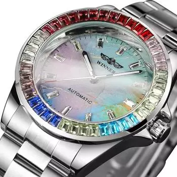 Мужские автоматические механические часы, модные повседневные цветные механические часы с бриллиантовым циферблатом, подарок на День отца разноцветный